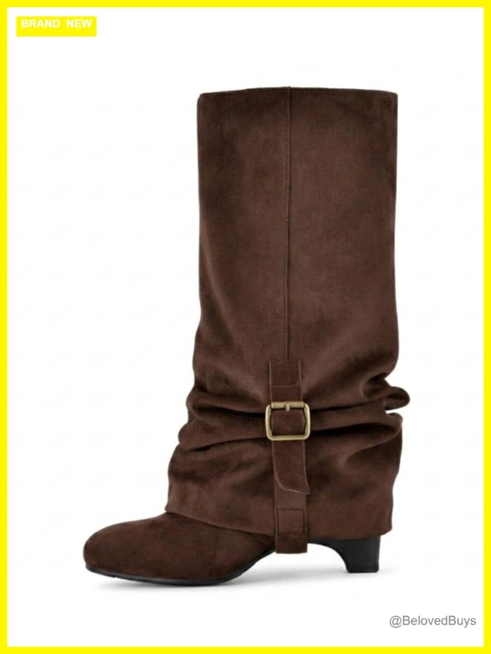 Faux Suede Slouchy Knee High Boots Adjustable Buckle Low Heel